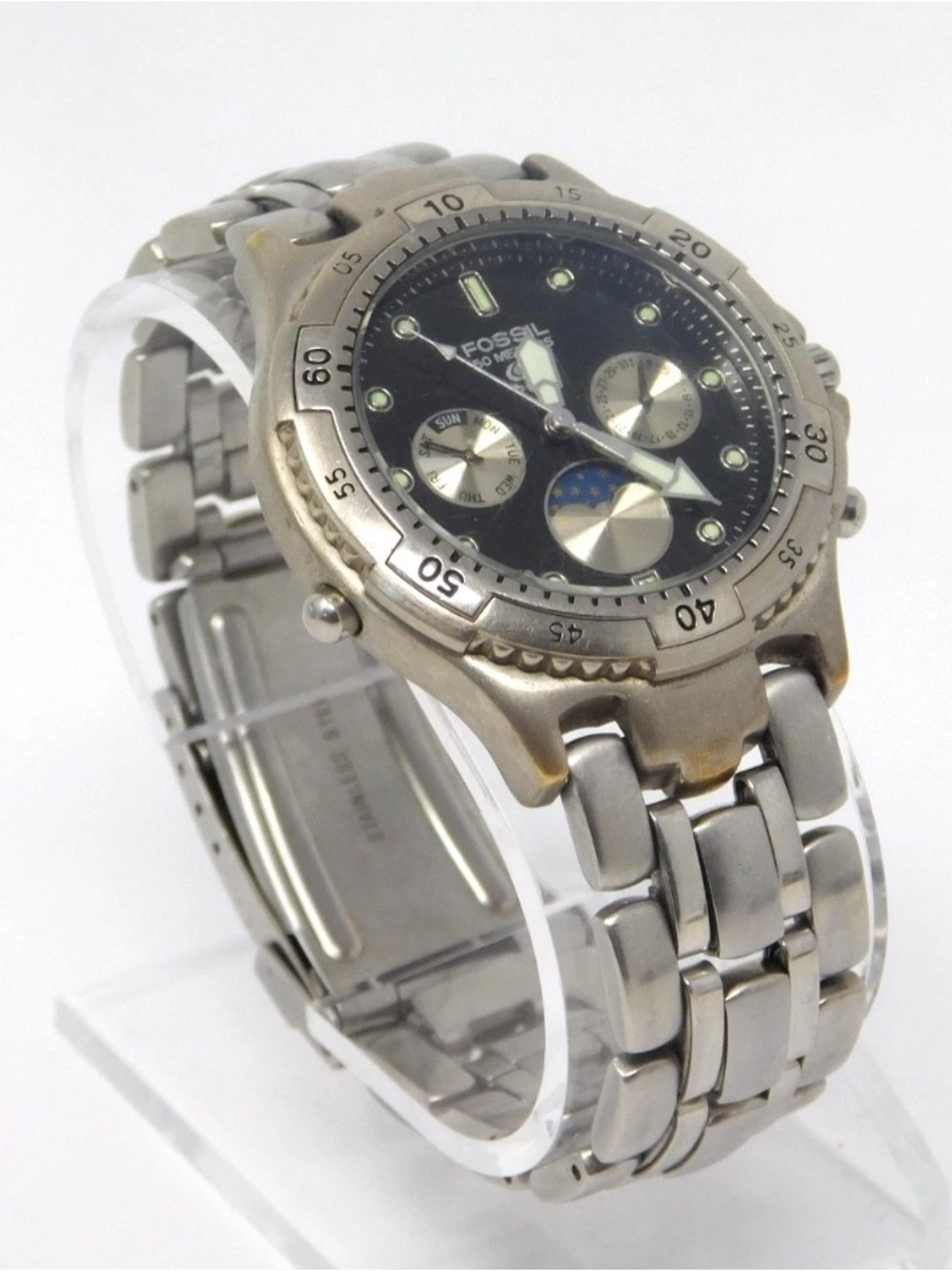 Fossil Blue Men's Watch BQ-9013 Vintage Moon Phase Stainless Steel Black Dial